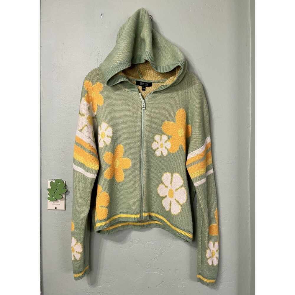 Witty Fox Sweater Hoodie Womens L Green Yellow Floral Front Zip Preppy Boho